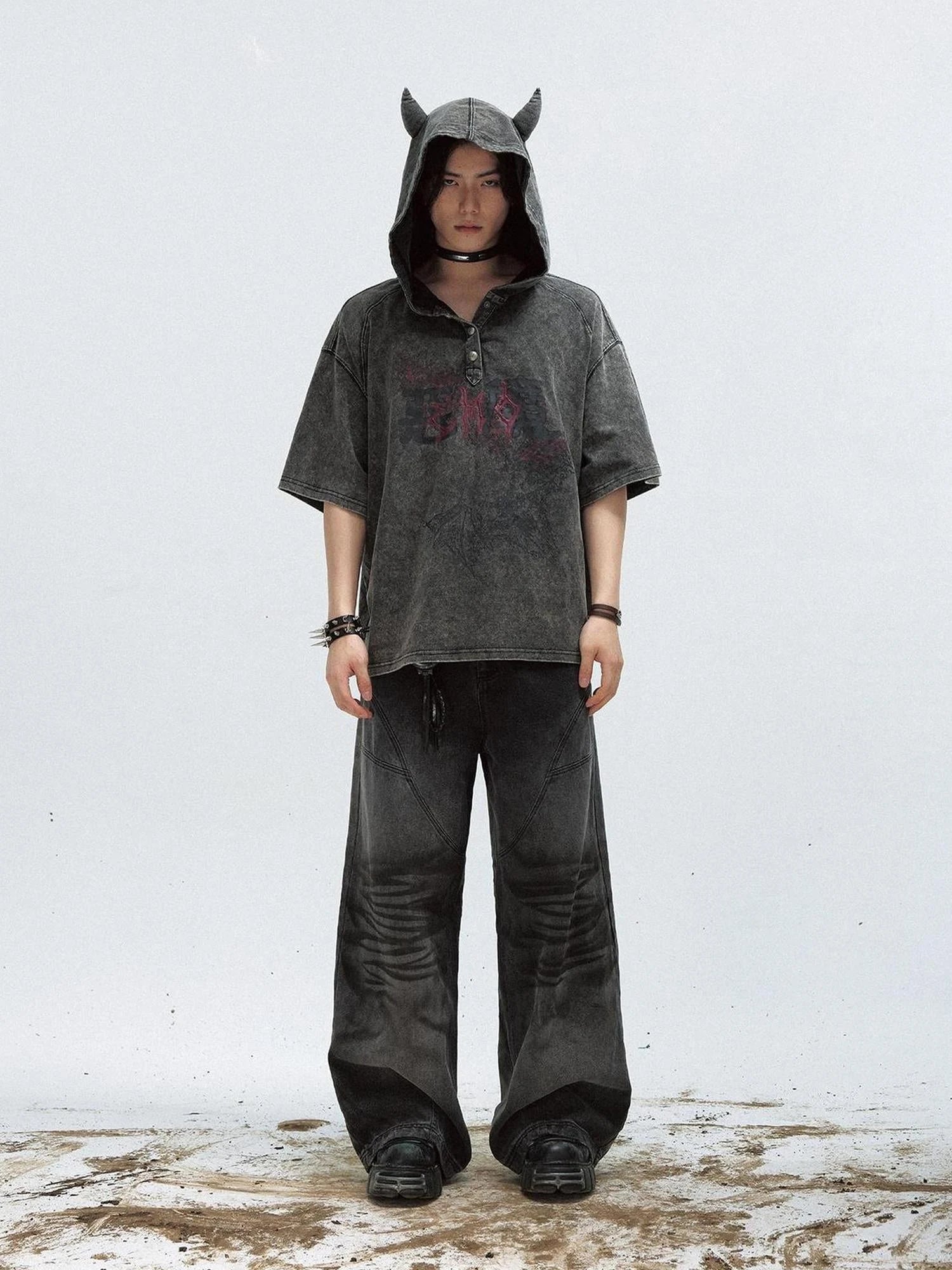 Unisex Vintage Black Demon Hooded Tee Loose Fit Cotton