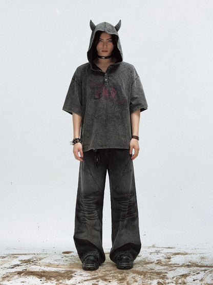 Unisex Vintage Black Demon Hooded Tee Loose Fit Cotton