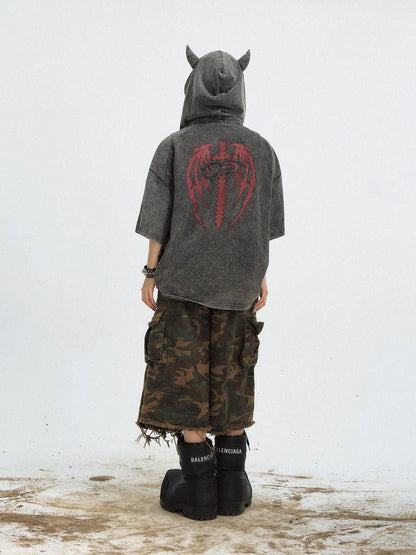 Unisex Vintage Black Demon Hooded Tee Loose Fit Cotton