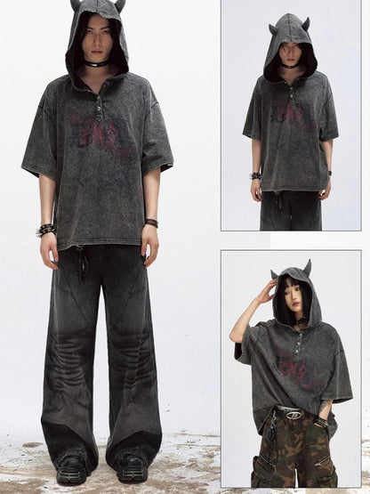 Peoplesense Unisex Vintage Black Demon Hooded Tee Loose Fit Cotton