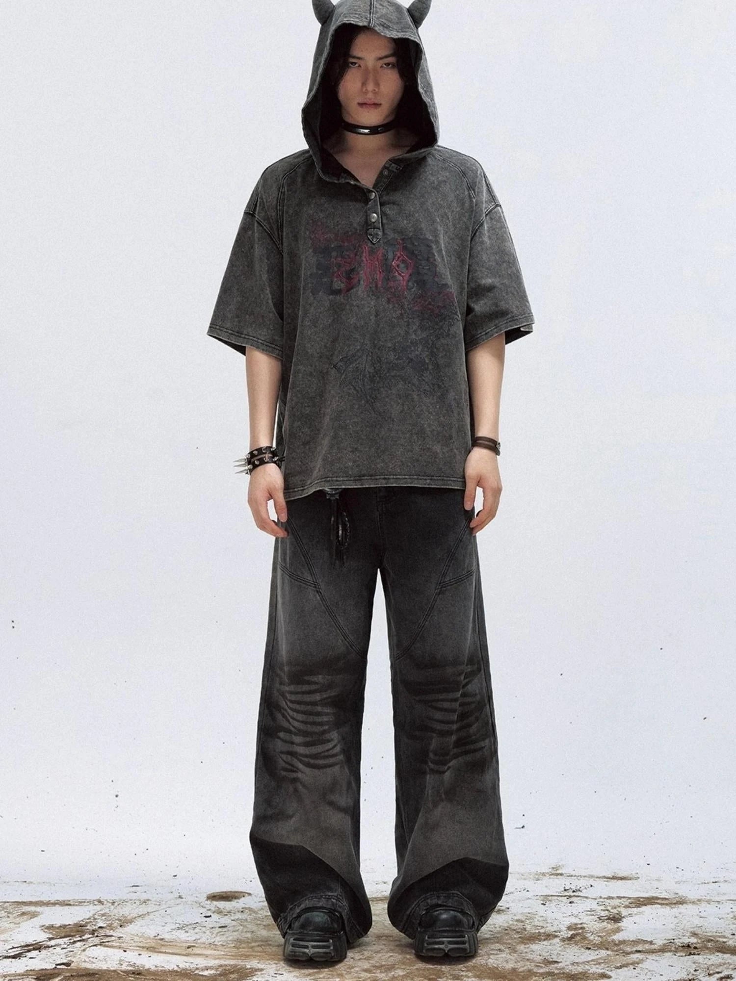 Unisex Vintage Black Demon Hooded Tee Loose Fit Cotton