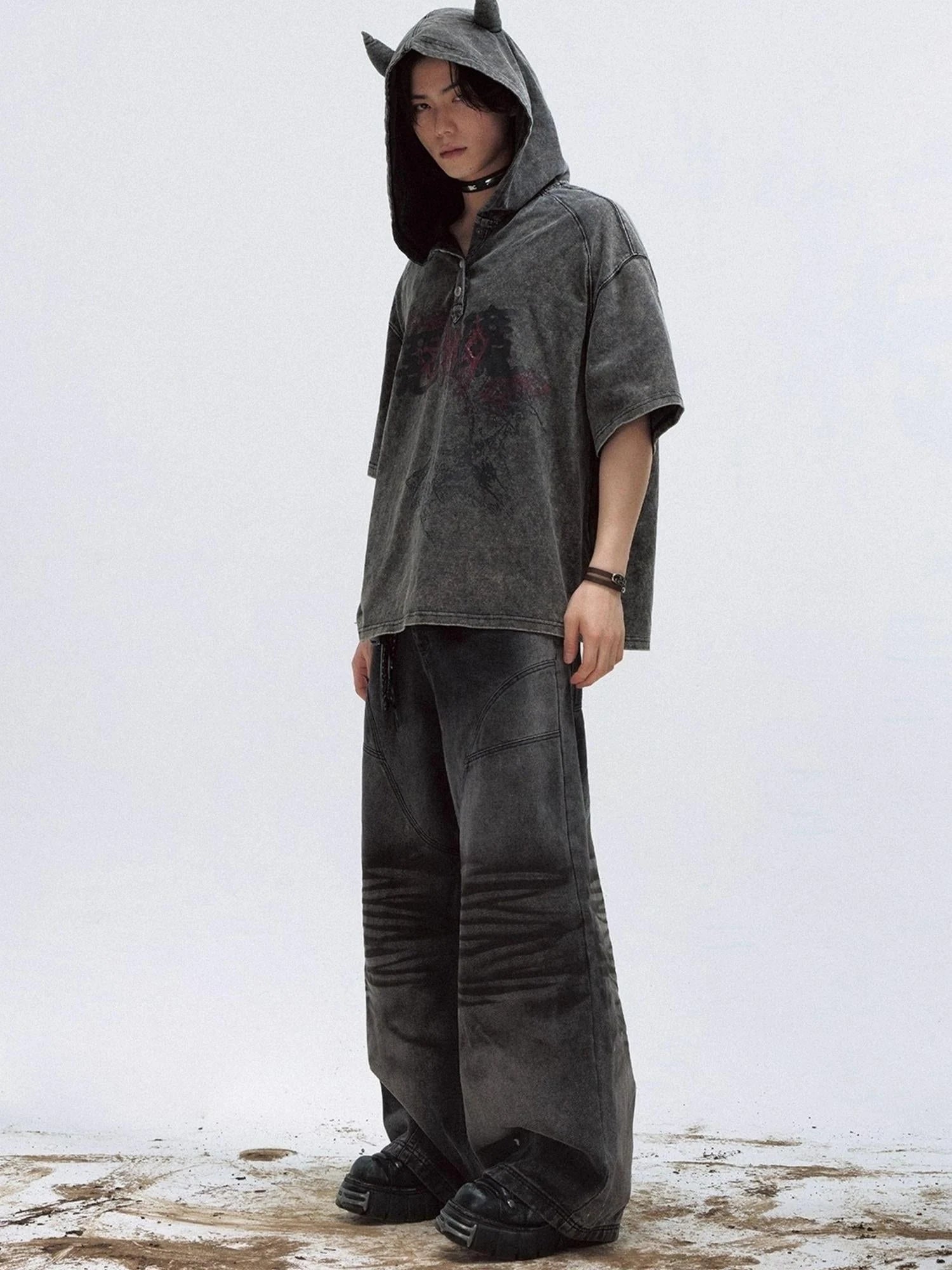 Unisex Vintage Black Demon Hooded Tee Loose Fit Cotton