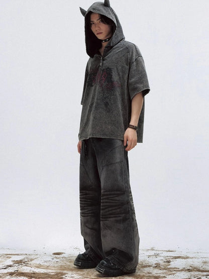 Unisex Vintage Black Demon Hooded Tee Loose Fit Cotton