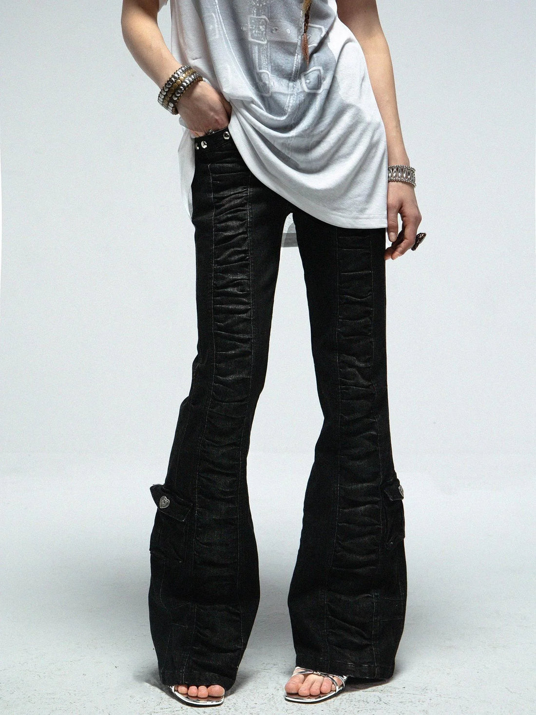 Upgraded Mid Waist Ruffle Slim Flare Jeans