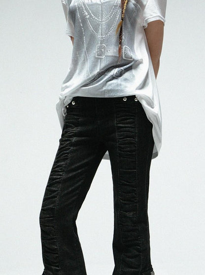 DoublePunch Upgraded Mid Waist Ruffle Slim Flare Jeans