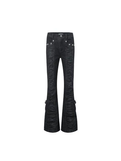 DoublePunch Upgraded Mid Waist Ruffle Slim Flare Jeans