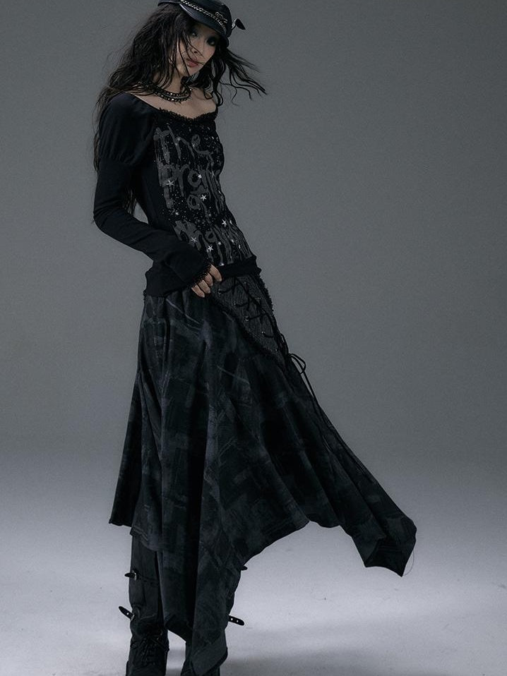 NO ROMANCE Urban Punk Rock Studded Asymmetrical Long Dresses