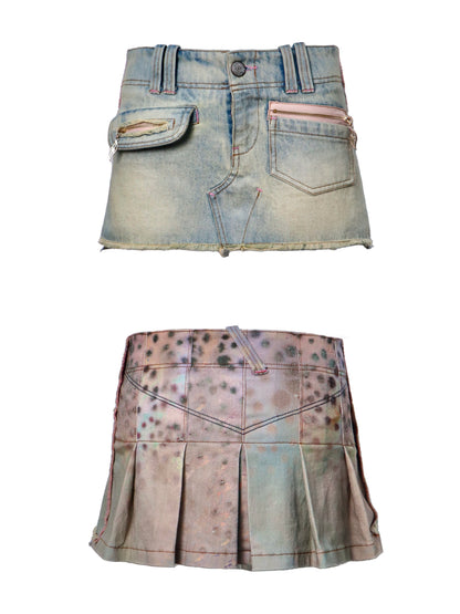 Flowers birds Market Double Sided Polka Dot Print Stretch Denim Mini Skirt