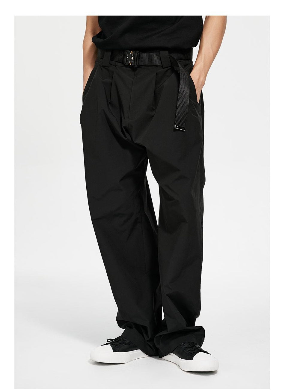 Utility Belted Wide-Leg Pants with Double Pleats