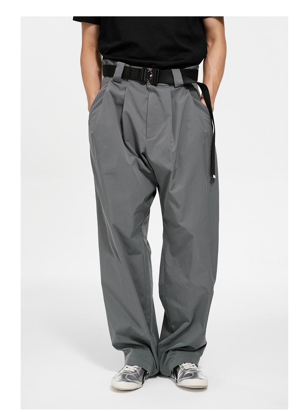 Utility Belted Wide-Leg Pants with Double Pleats