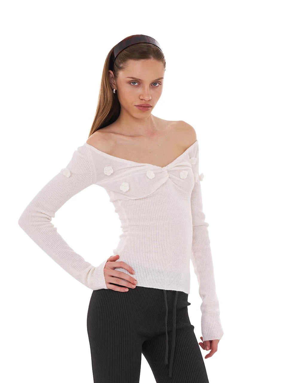 V-Neck 3D Hand-Knit Embroidered Sweater