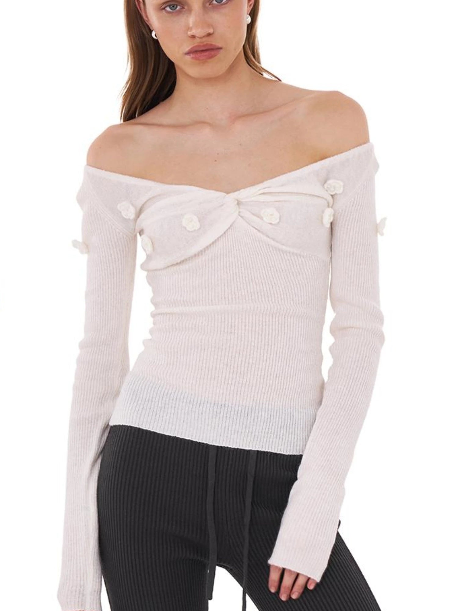V-Neck 3D Hand-Knit Embroidered Sweater