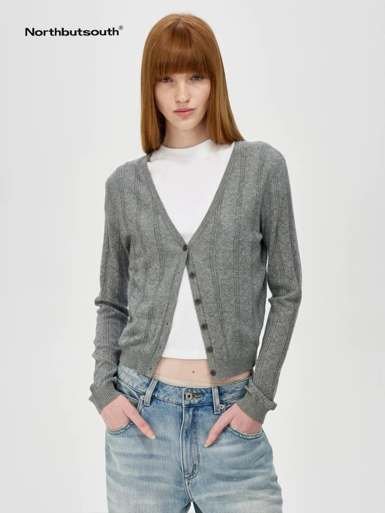 V-Neck Crochet Mesh Slim Fit Cotton Blend Cardigan