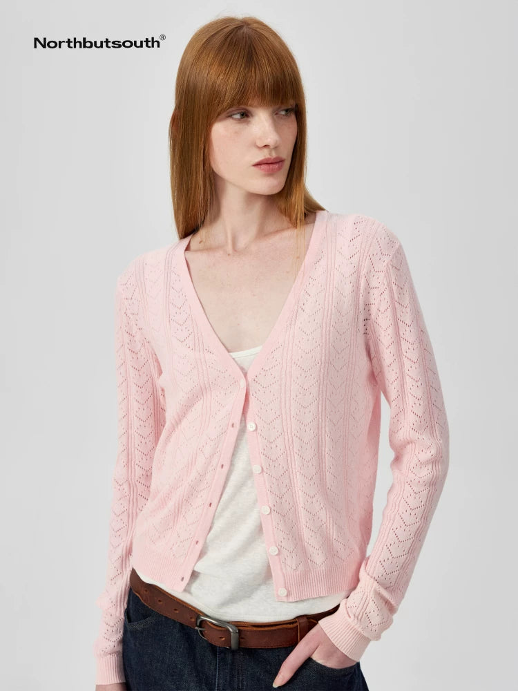 V-Neck Crochet Mesh Slim Fit Cotton Blend Cardigan