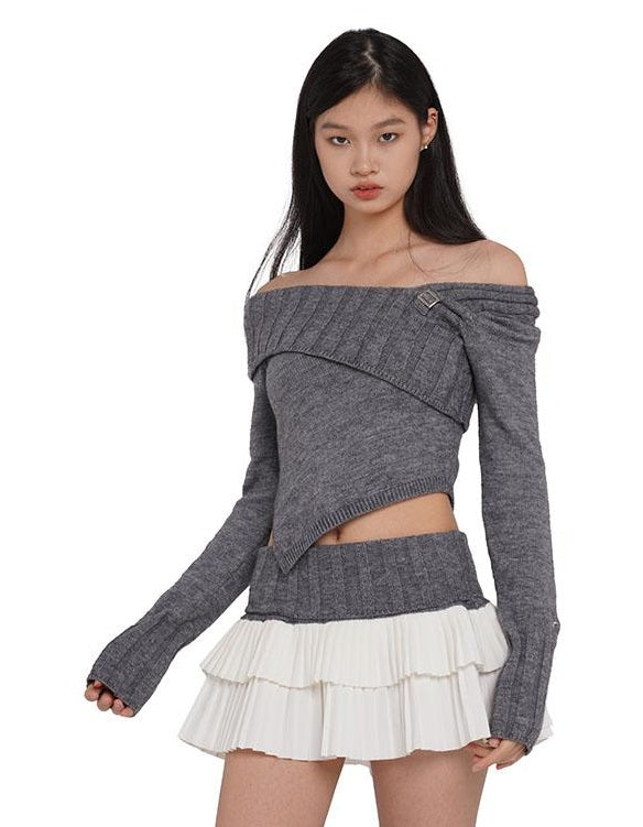 V-Neck Knit Sweater &amp; Layered Pleated Skirt Set