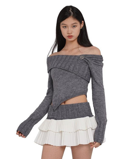 V-Neck Knit Sweater &amp; Layered Pleated Skirt Set