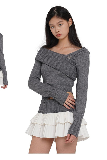 V-Neck Knit Sweater &amp; Layered Pleated Skirt Set