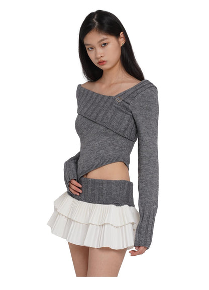 V-Neck Knit Sweater &amp; Layered Pleated Skirt Set