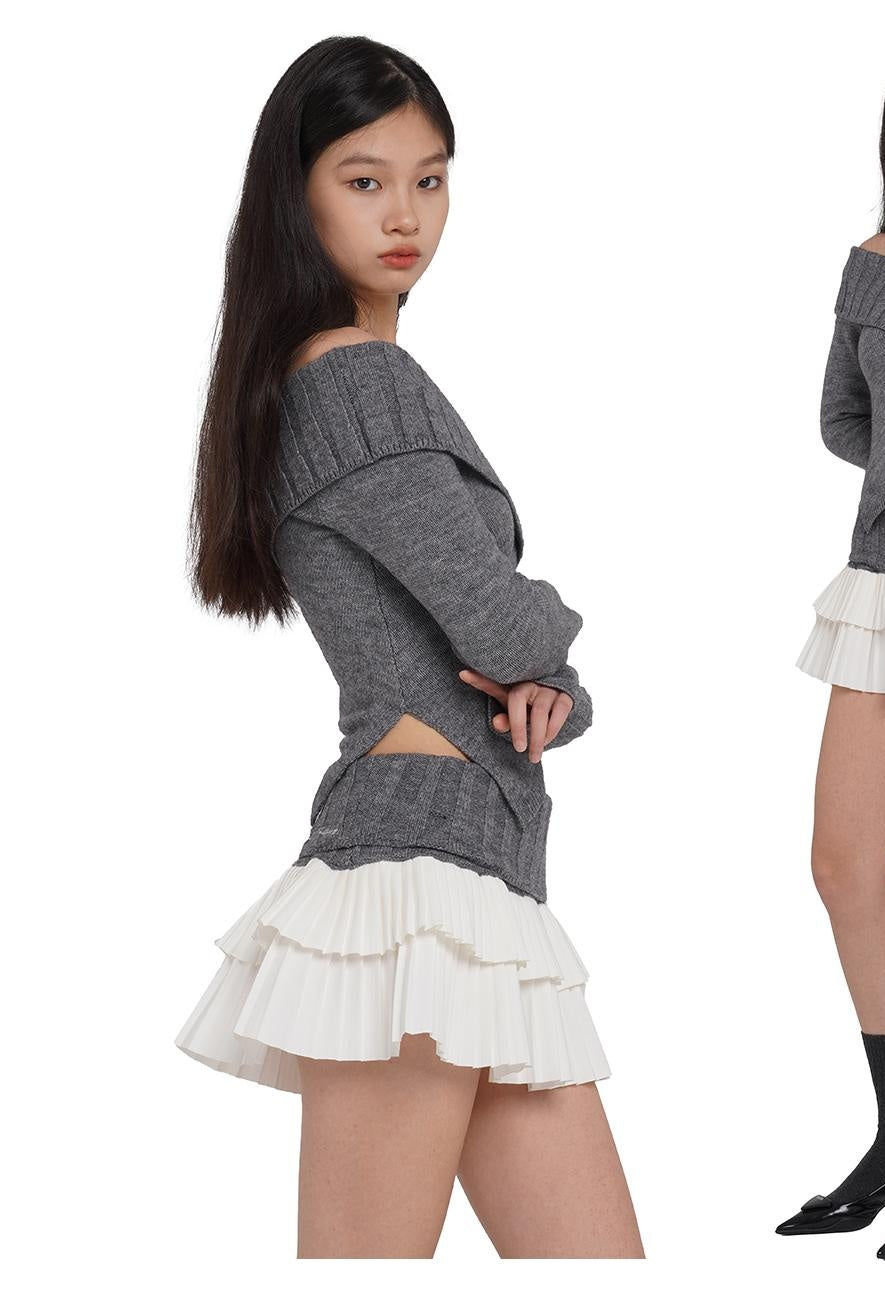 V-Neck Knit Sweater &amp; Layered Pleated Skirt Set