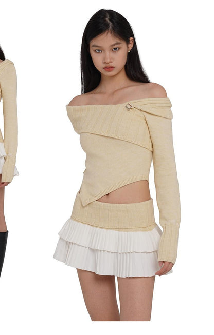 V-Neck Knit Sweater &amp; Layered Pleated Skirt Set