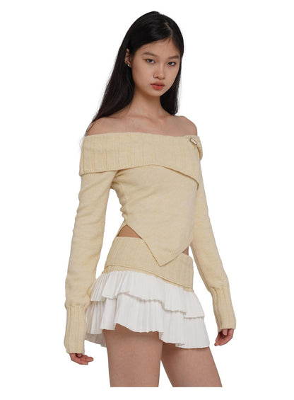 V-Neck Knit Sweater &amp; Layered Pleated Skirt Set