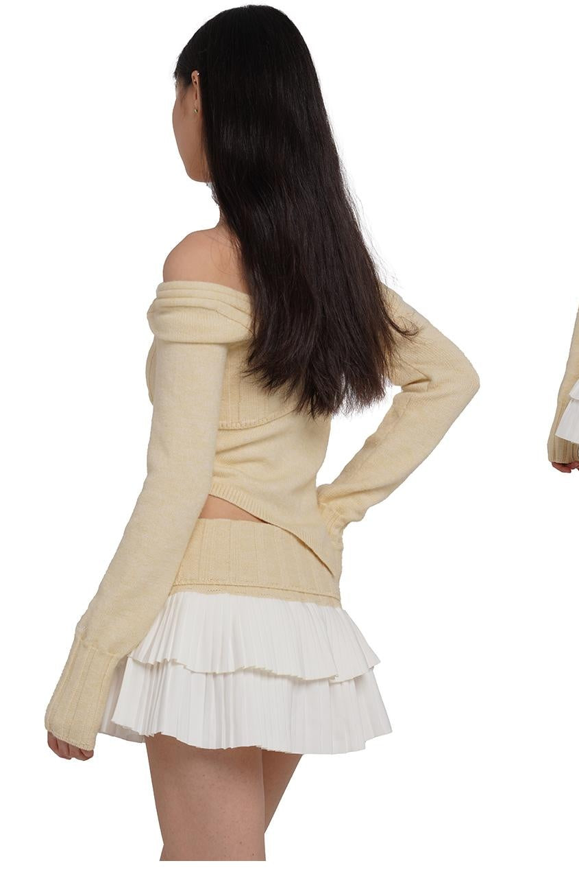 V-Neck Knit Sweater &amp; Layered Pleated Skirt Set