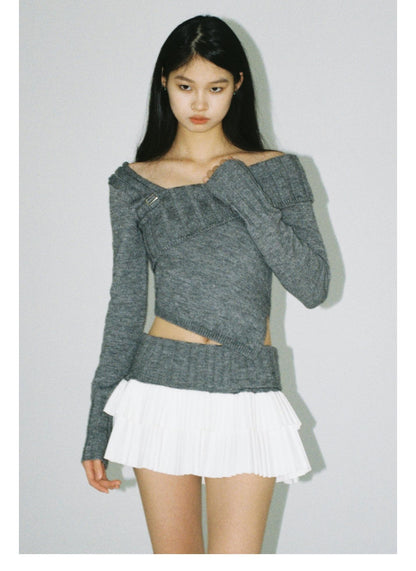 V-Neck Knit Sweater &amp; Layered Pleated Skirt Set