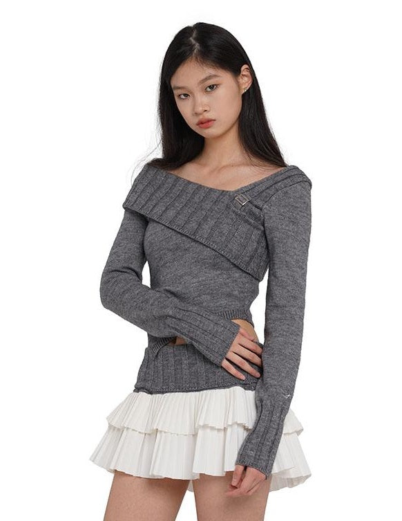 V-Neck Knit Sweater &amp; Layered Pleated Skirt Set