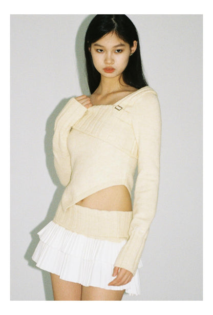 V-Neck Knit Sweater &amp; Layered Pleated Skirt Set