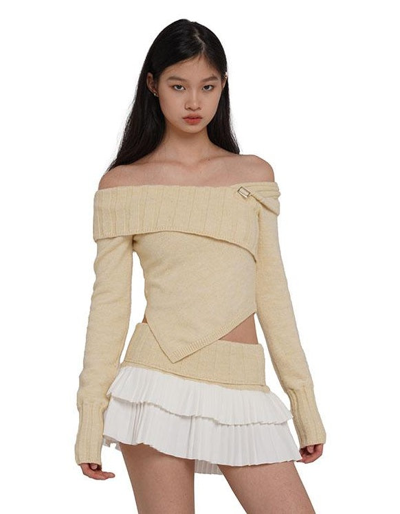 V-Neck Knit Sweater &amp; Layered Pleated Skirt Set