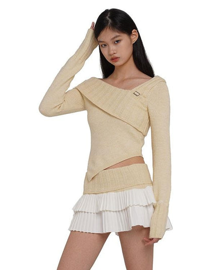 V-Neck Knit Sweater &amp; Layered Pleated Skirt Set