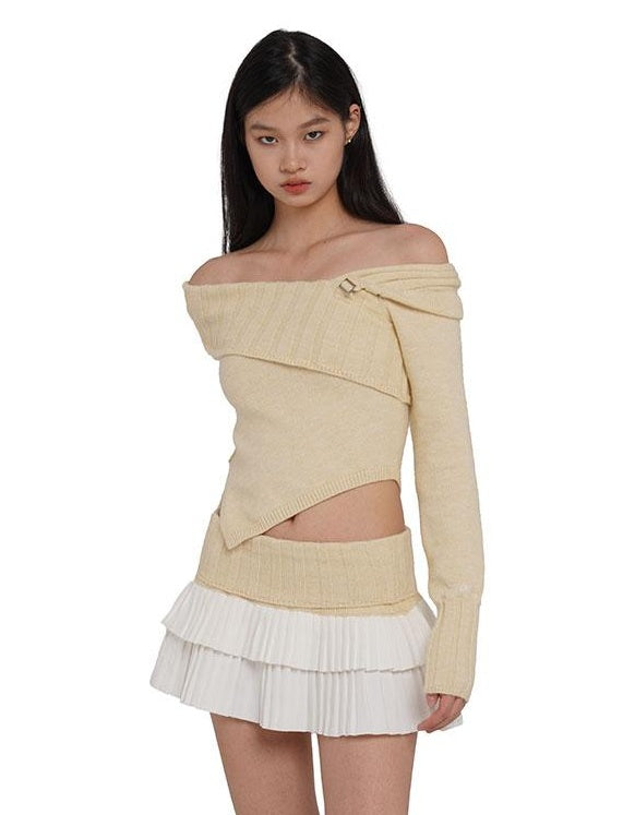 V-Neck Knit Sweater &amp; Layered Pleated Skirt Set