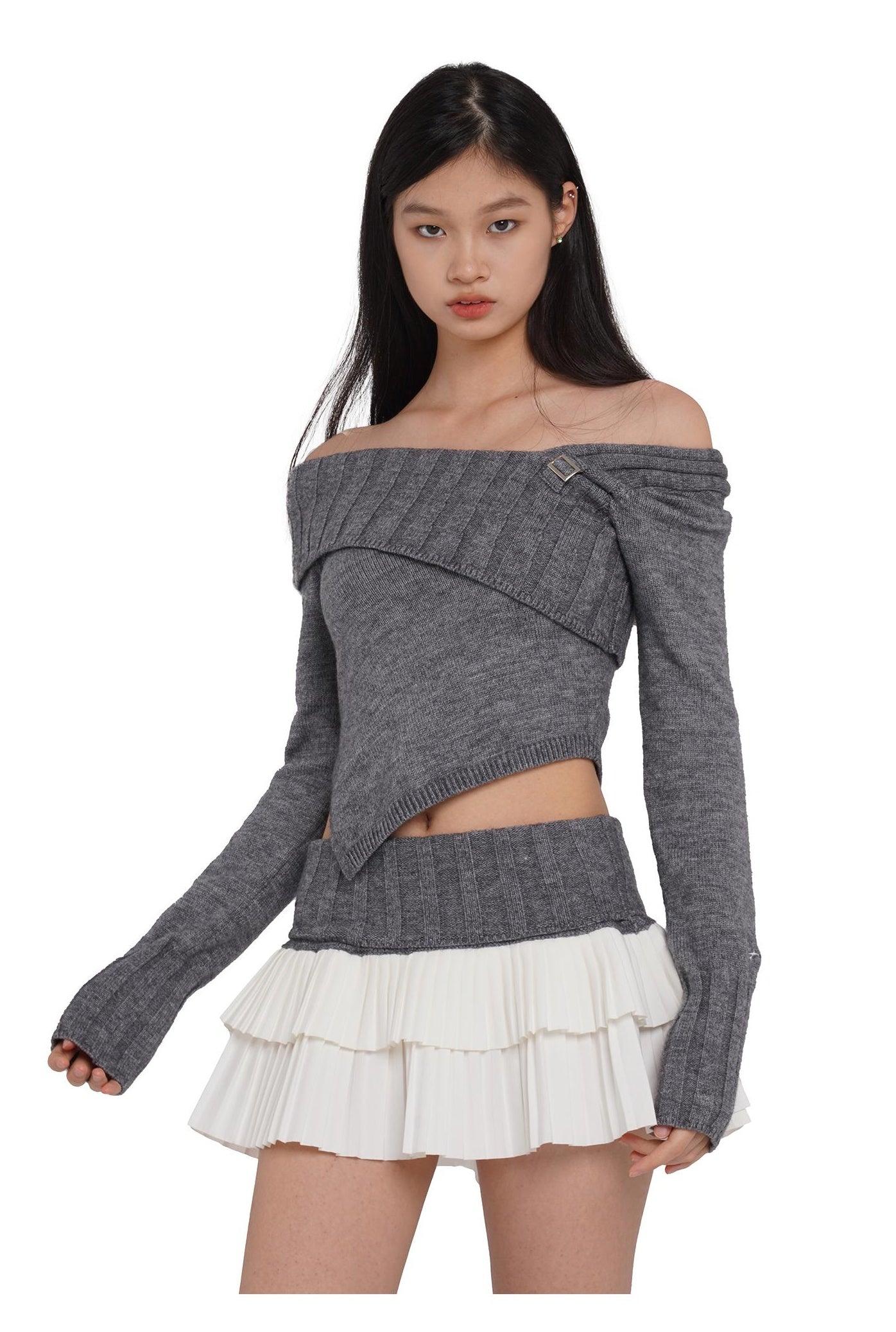 V-Neck Knit Sweater &amp; Layered Pleated Skirt Set