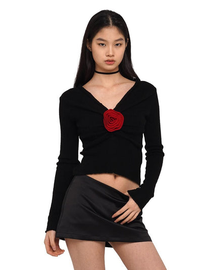 V-Neck Rose Embellished Knit Sweater