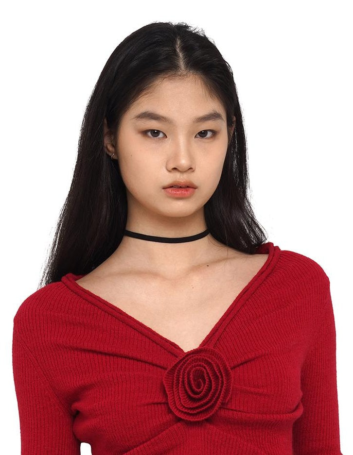 V-Neck Rose Embellished Knit Sweater