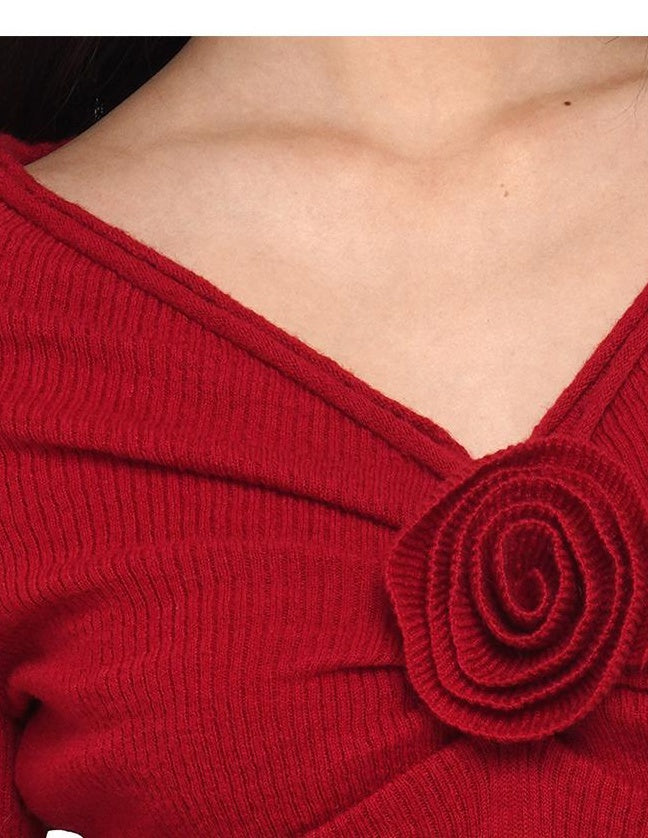 V-Neck Rose Embellished Knit Sweater