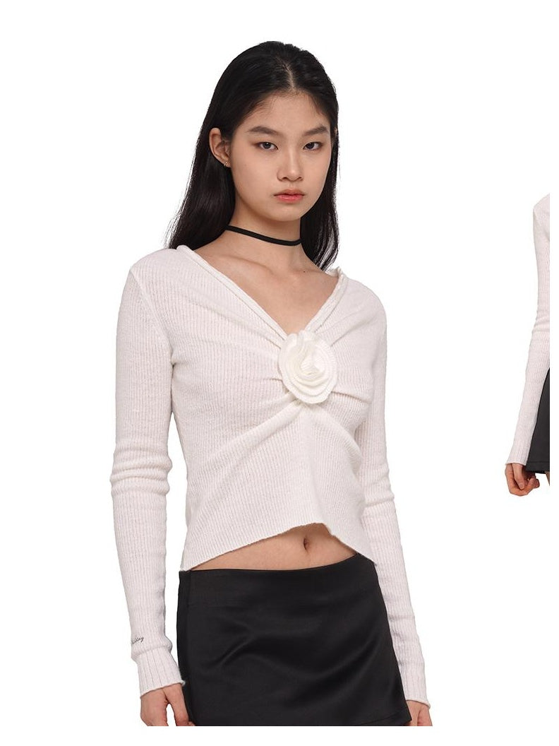 V-Neck Rose Embellished Knit Sweater