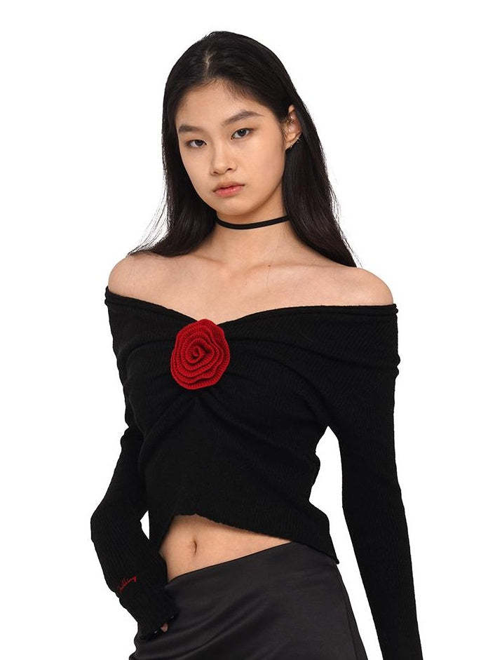 V-Neck Rose Embellished Knit Sweater