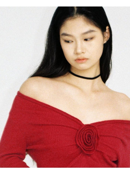 V-Neck Rose Embellished Knit Sweater