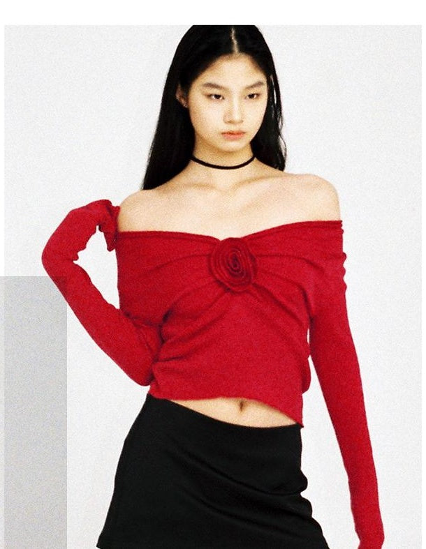 V-Neck Rose Embellished Knit Sweater