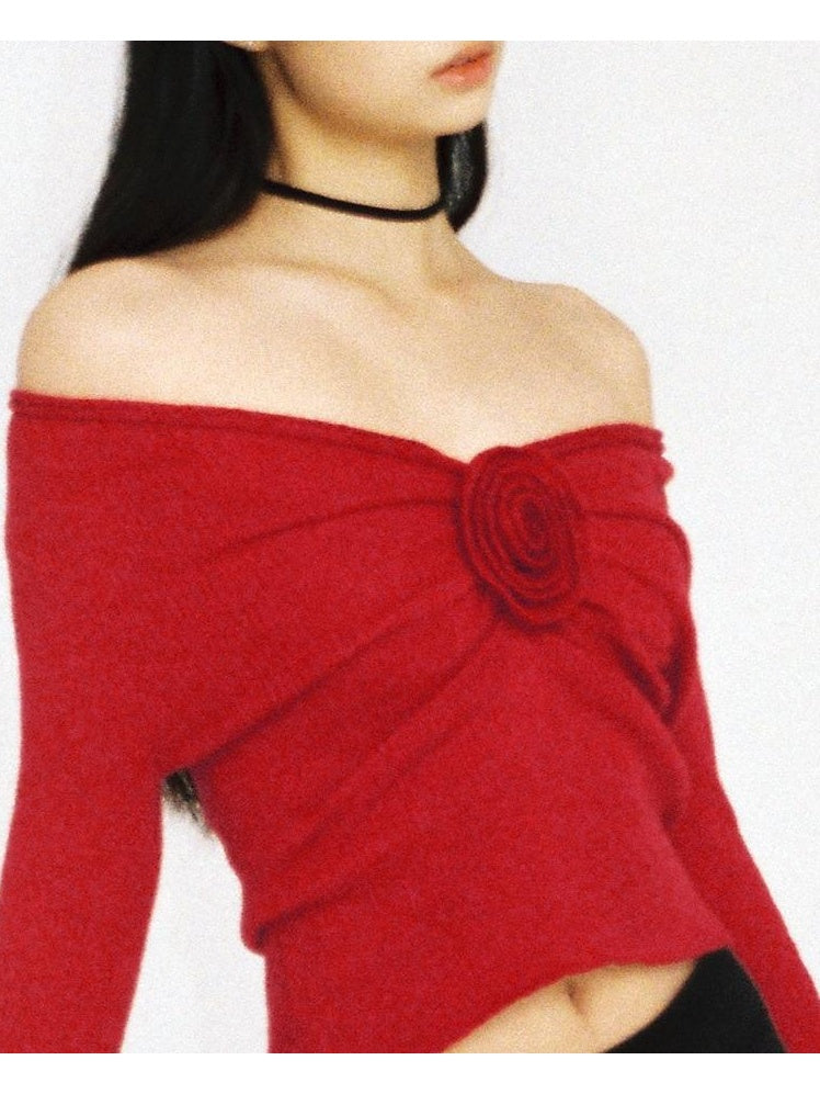 V-Neck Rose Embellished Knit Sweater