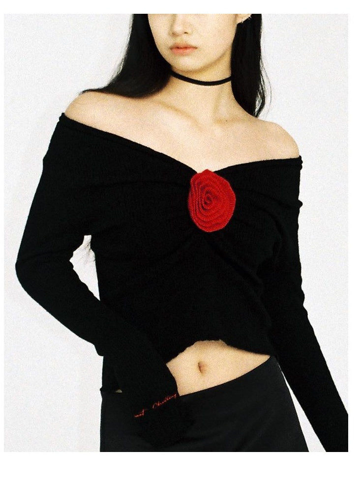 V-Neck Rose Embellished Knit Sweater