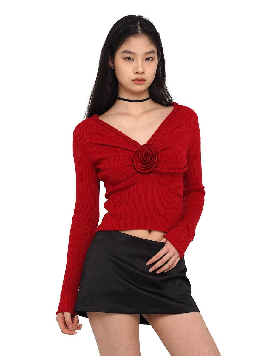 V-Neck Rose Embellished Knit Sweater