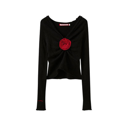 V-Neck Rose Embellished Knit Sweater