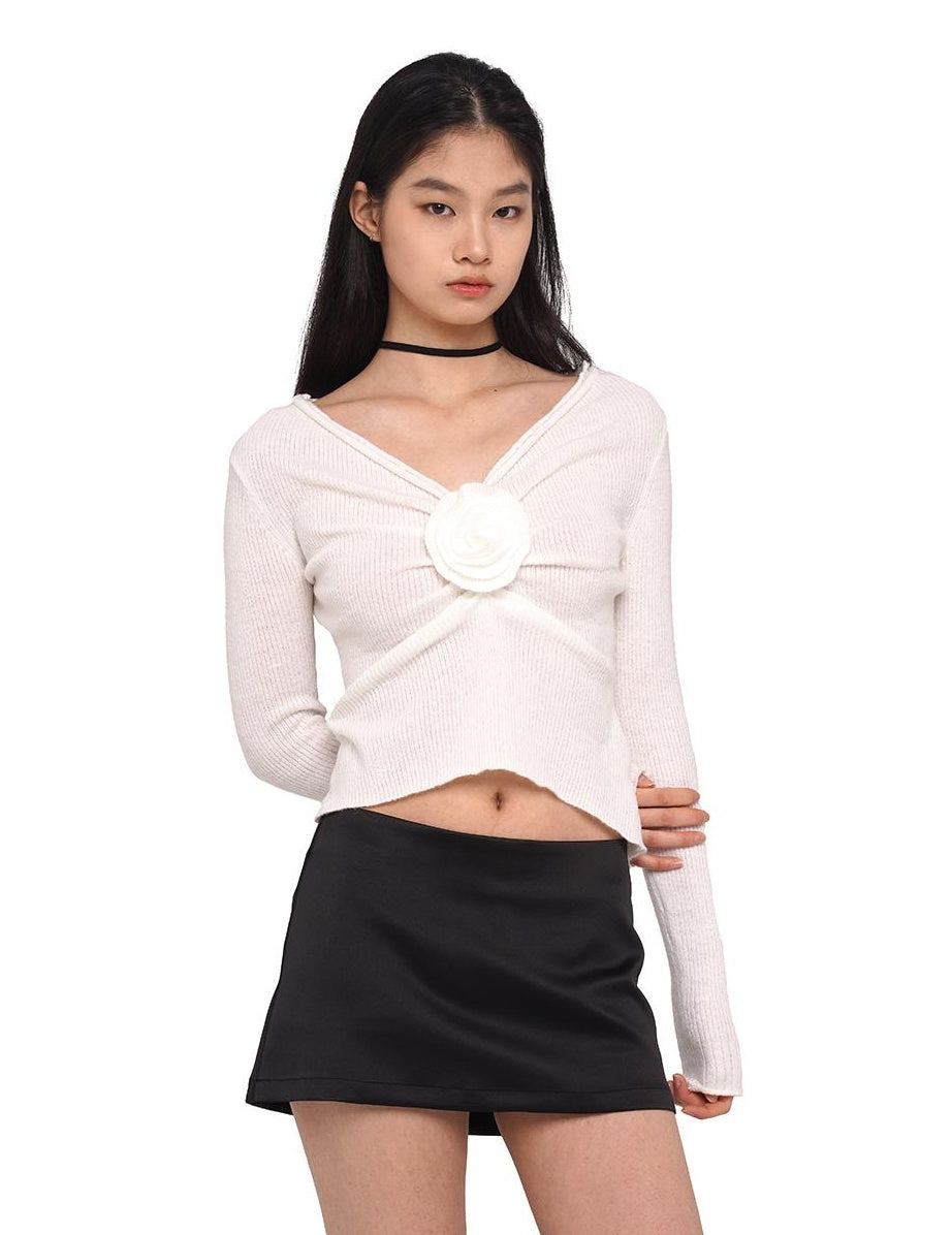 V-Neck Rose Embellished Knit Sweater