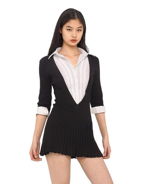 V-Neck Shirt Collar Pleated Fall Dress