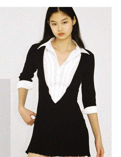 V-Neck Shirt Collar Pleated Fall Dress