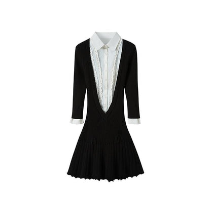 V-Neck Shirt Collar Pleated Fall Dress