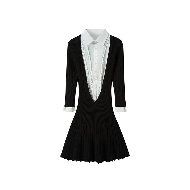 V-Neck Shirt Collar Pleated Fall Dress