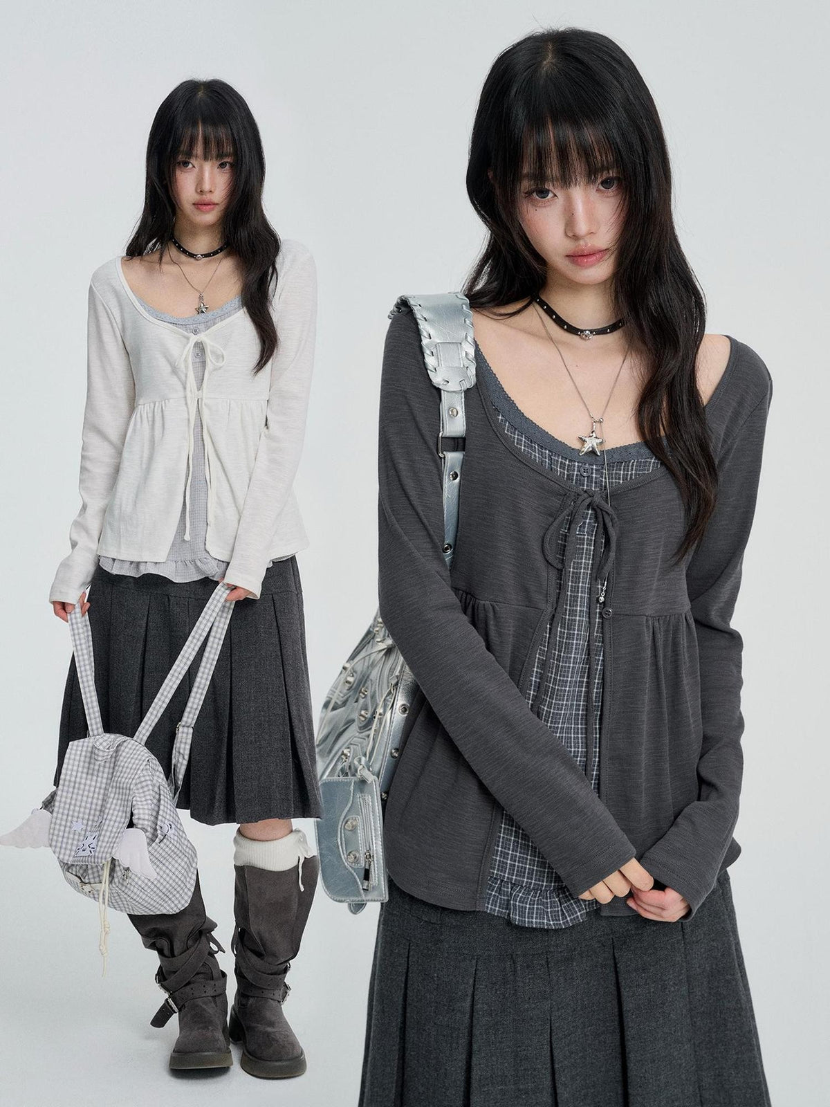 VEEMIX Artistic Plaid Layered Look Women&